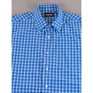 Lands' End Men's Dress Shirt Regular Fit Long Sleeve Large Blue White Gingham